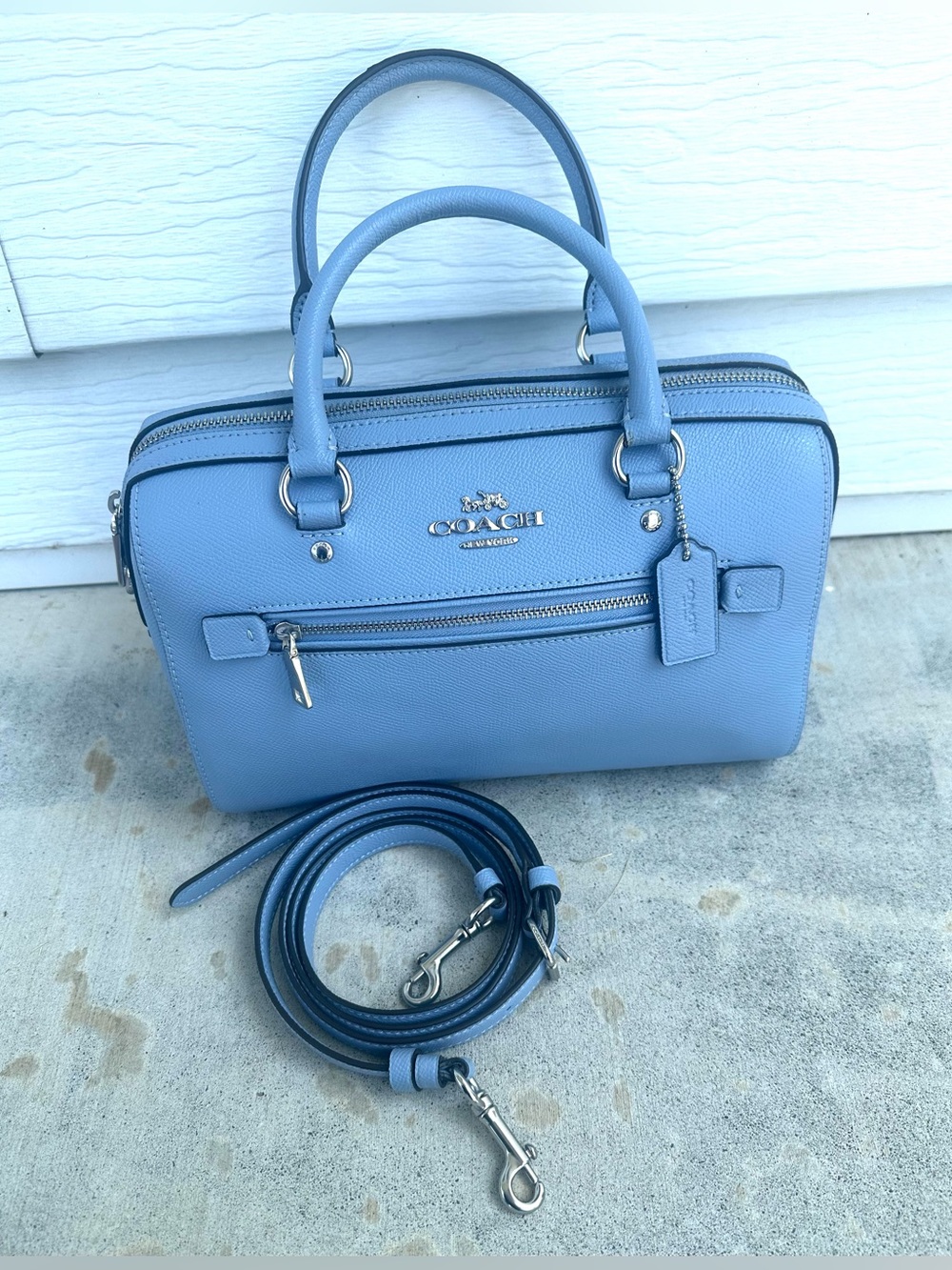 COACH Rowan Gray Twilight Blue Leather Crossbody Purse Bag Silver Hardware 79946 - Picture 5 of 17